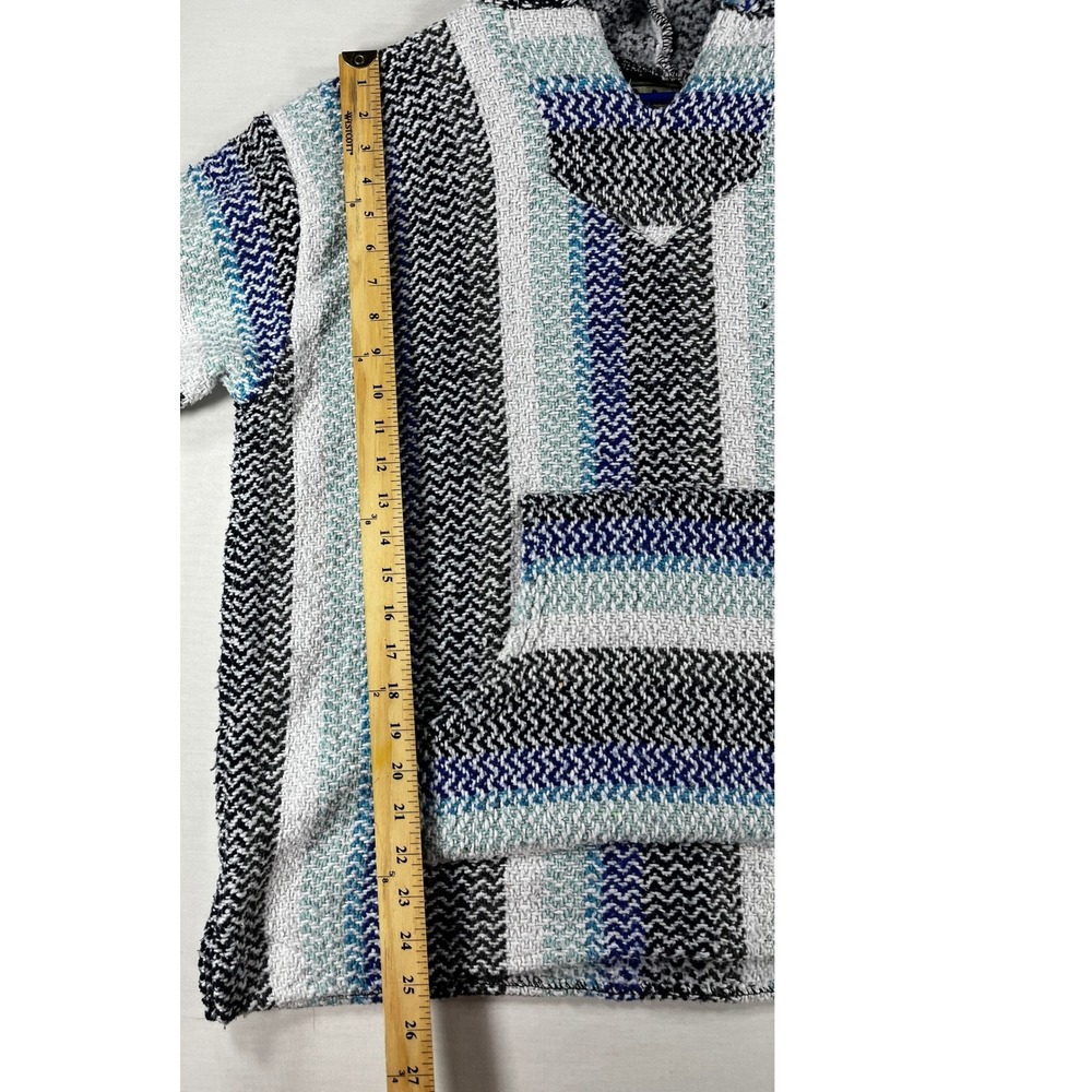 Baja Joe Mexican Hoodie Blue White Black Striped Jerga Pullover Large - Picture 5 of 9